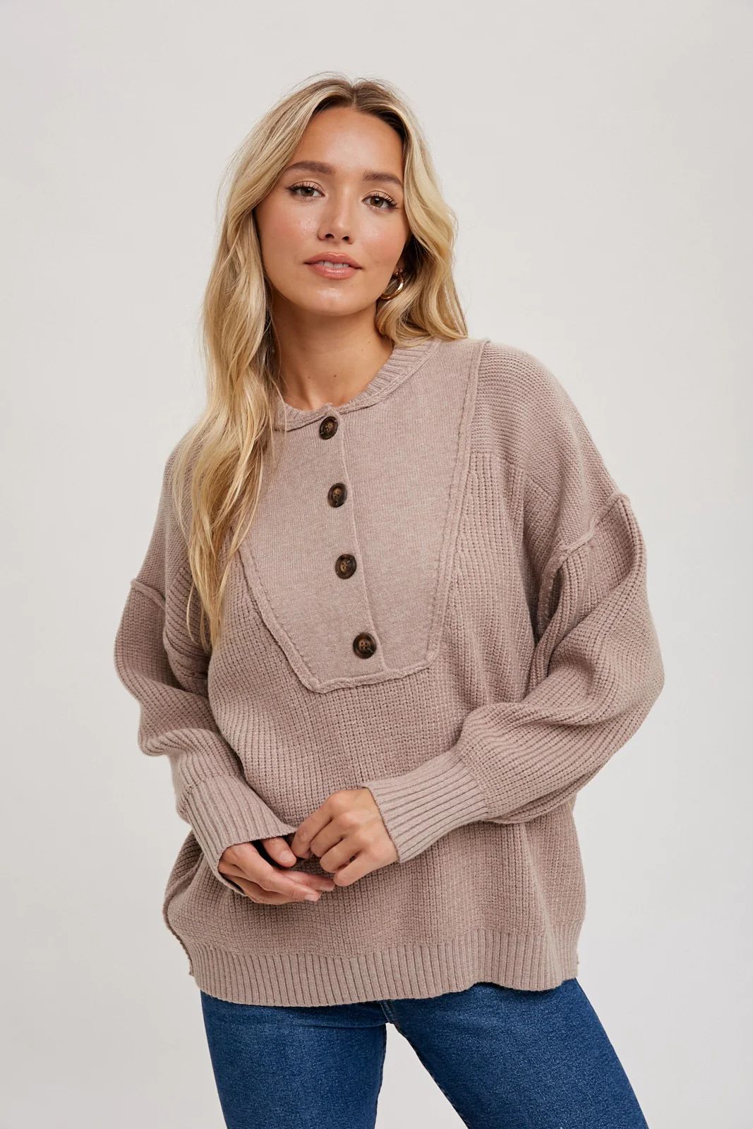 Beige Half Button Up Sweater | PinkBlush Maternity