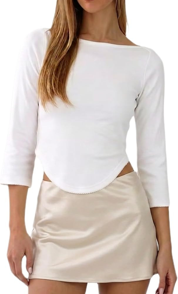 Women 3/4 Length Sleeve Top Boat Neck Curve Hem Slim Fitted Shirt Y2k Going Out Tops | Amazon (US)