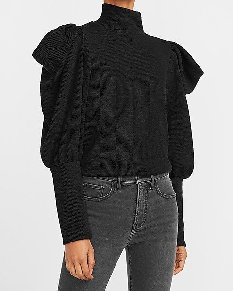 Ribbed Puff Sleeve Mock Neck Top | Express