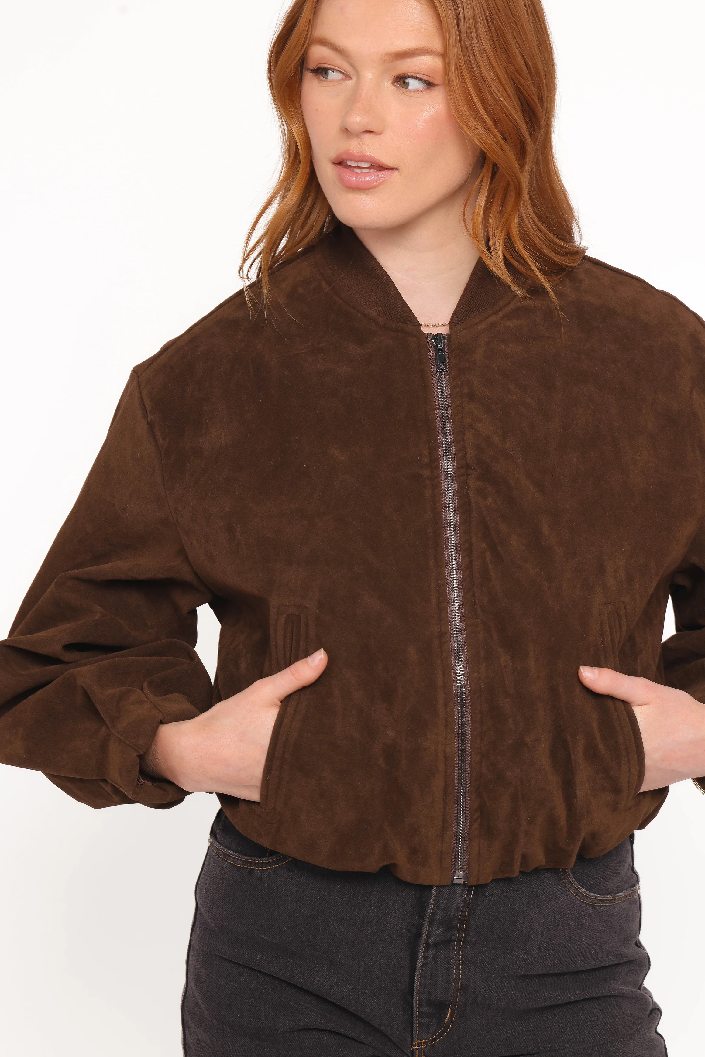 Goldie Faux Suede Bomber Jacket - Brown | Petal & Pup (US)