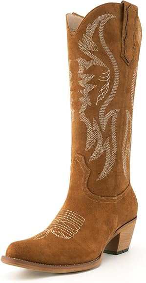 KaroNairy Women Cowboy Boots Faux Suede Embroidered Pointed Thick Heeled Western Wide Calf Cowgir... | Amazon (US)