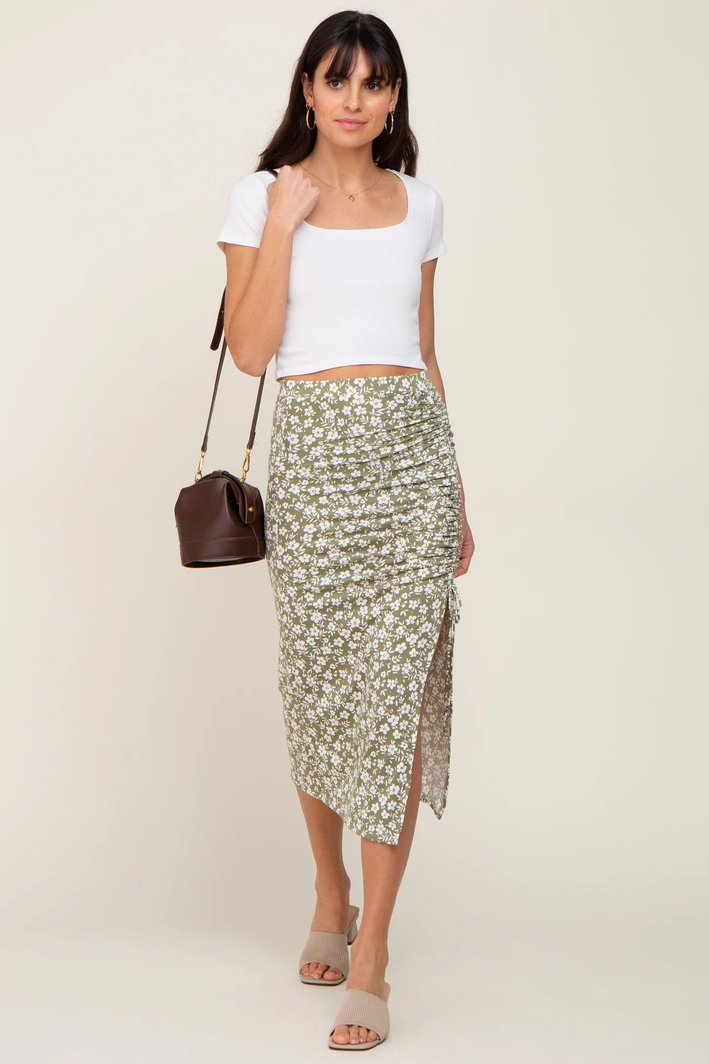 Light Olive Floral Drawstring Front Midi Skirt | PinkBlush Maternity