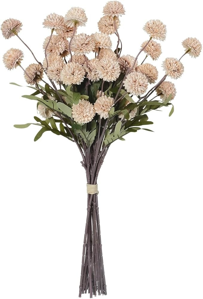8 pcs Long Stem Artificial Flowers Decoration, Beige Tan Fake Pom Pom kiku Flower, Mini Faux Chry... | Amazon (US)