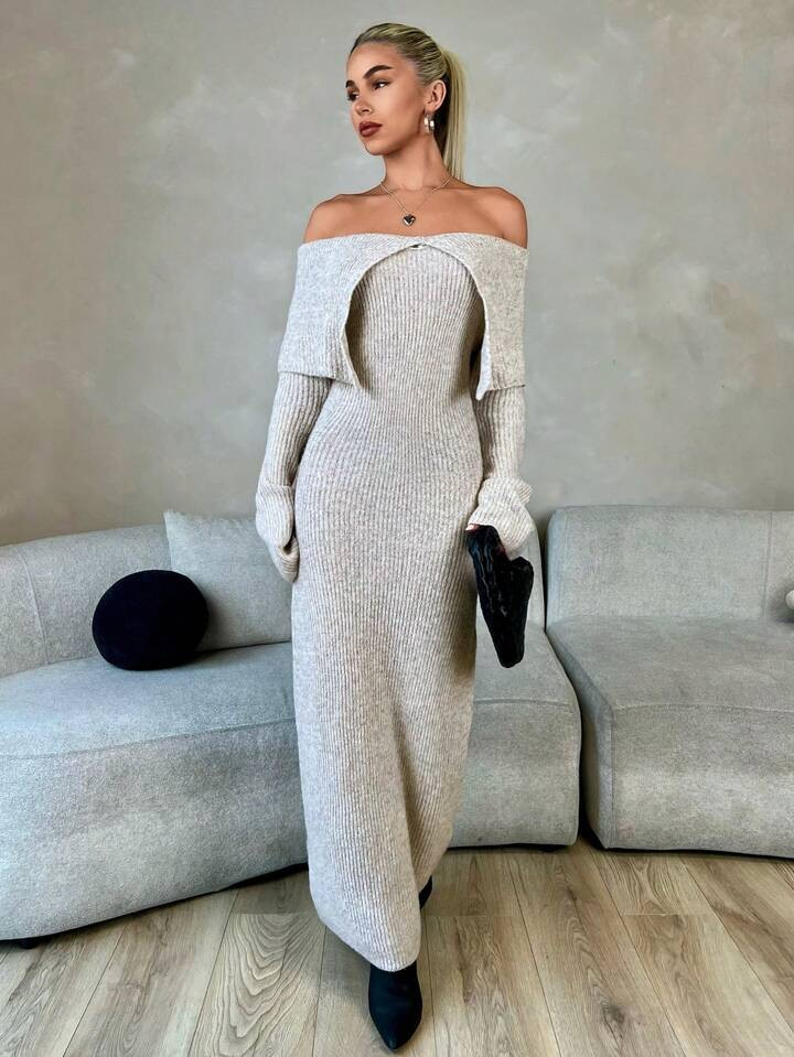 Roylia Solid Color Long Sleeve Simple Off Shoulder Casual Dress | SHEIN