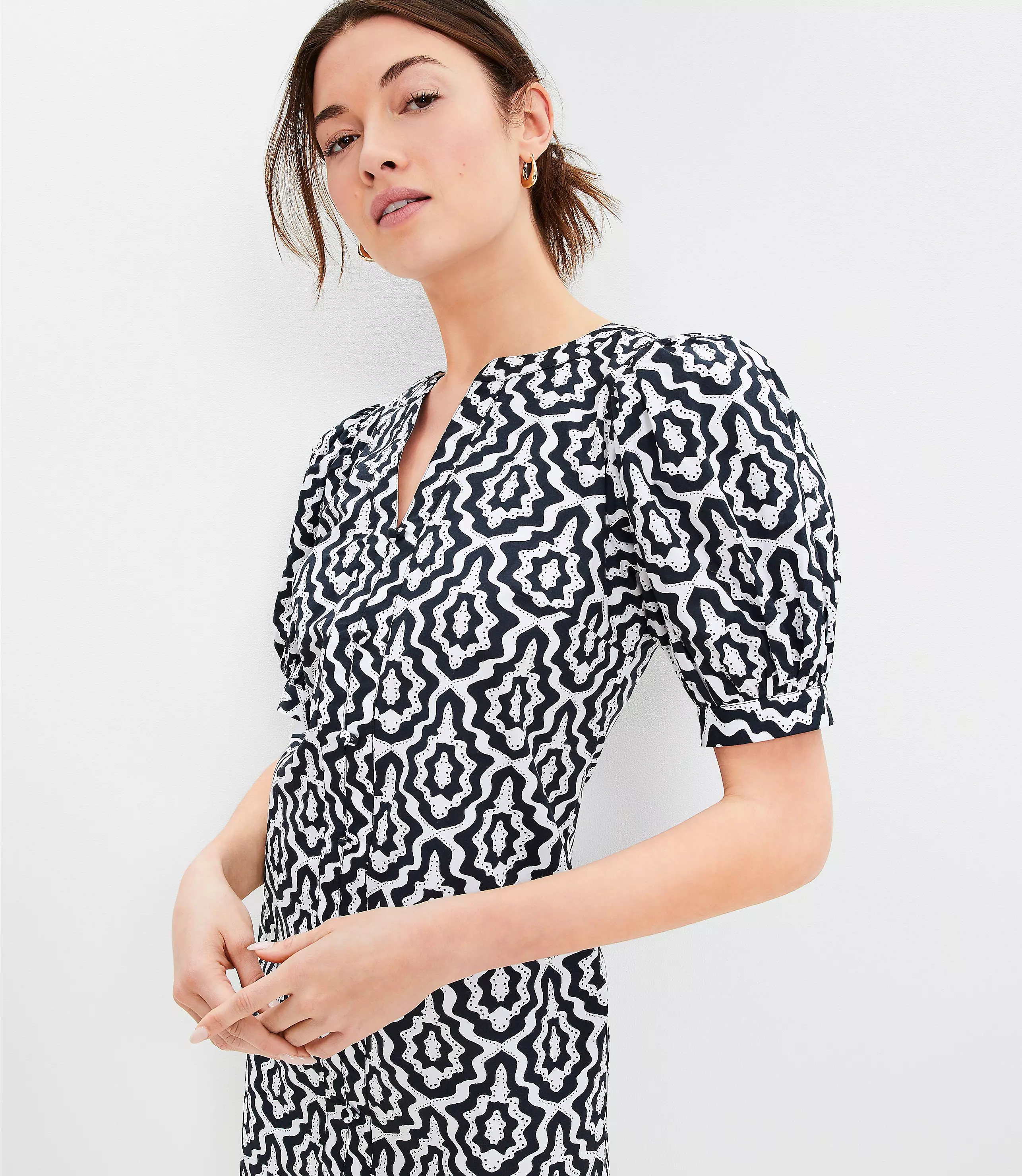 Poplin Button Balloon Sleeve Mini Dress | LOFT