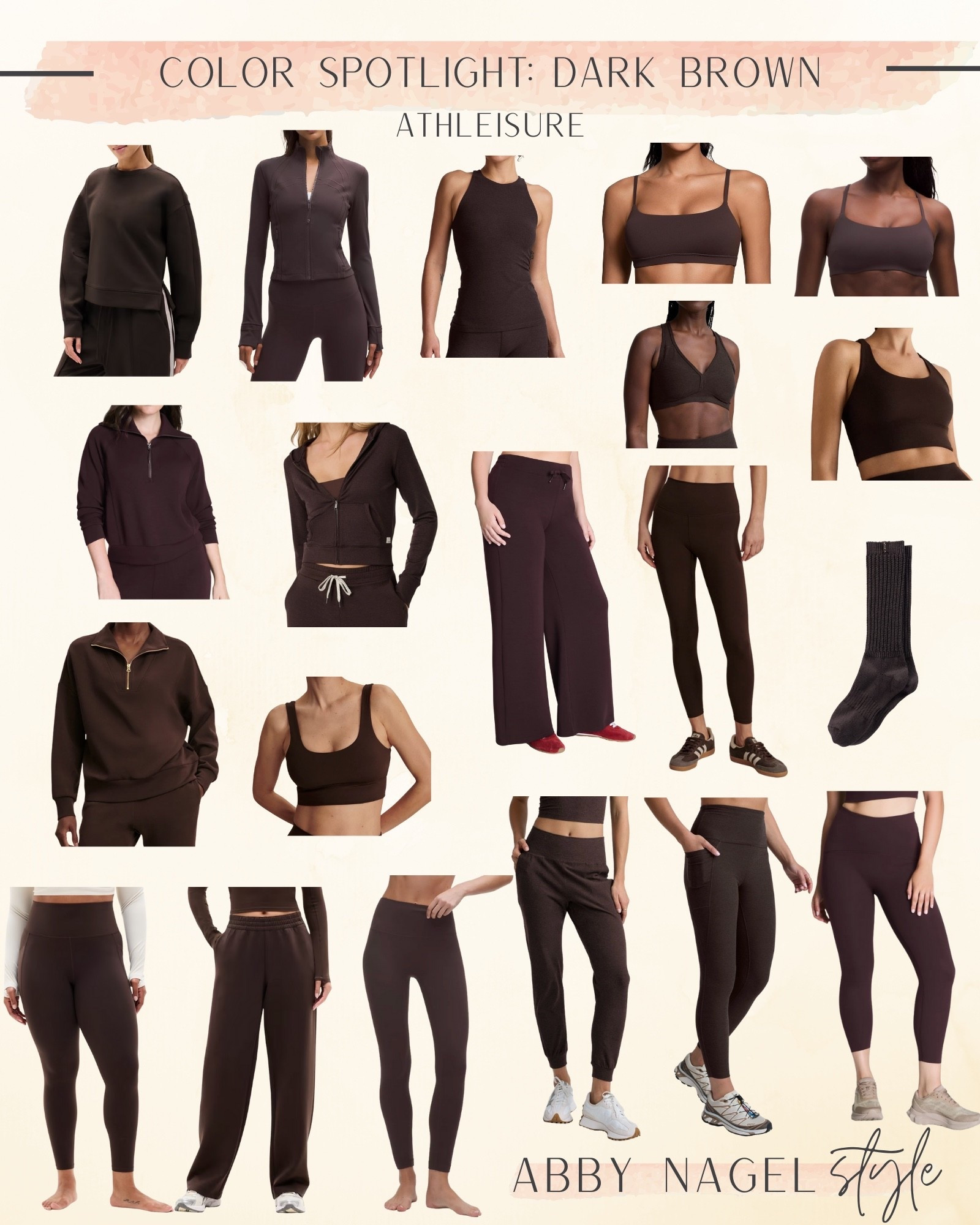 My favorite brands and their version of Dark Brown for Autumns!  

Spanx = Truffle Brown
Beyond Yoga = Dark Chocolate Heather 
Lululemon = Sequoia
Athleta = Truffle
Vuori = Dark Java
Calia = Dark Brown
Quince = Espresso
Varley = Coffee Bean
CRZ Yoga = Hot Fudge Brown   
