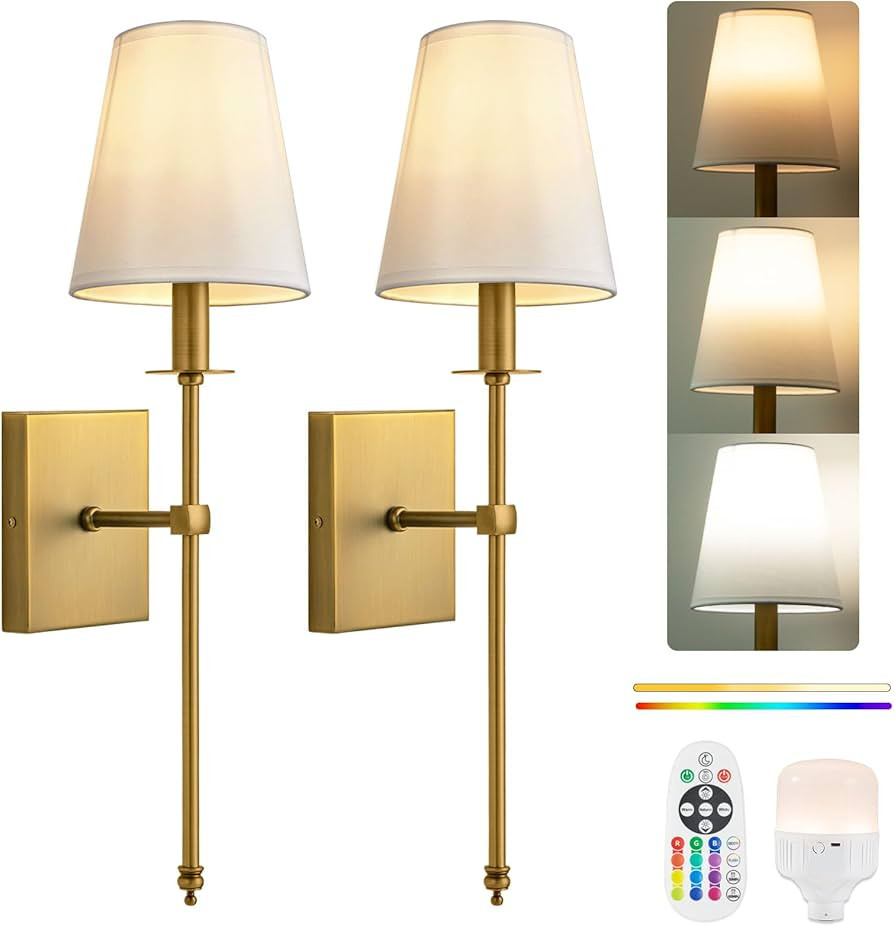 Battery Operated Wall Sconces Set of 2 Two, Rechargeable Wall Lights with Dimmable ... | Amazon (US)