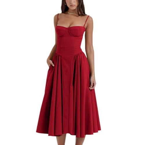 Corset Dress for Women Formal Spaghetti Strap Bustier Midi Dresses Pleated Hem Low Cut Prom Sundress with Pockets (red,L) | Amazon (US)
