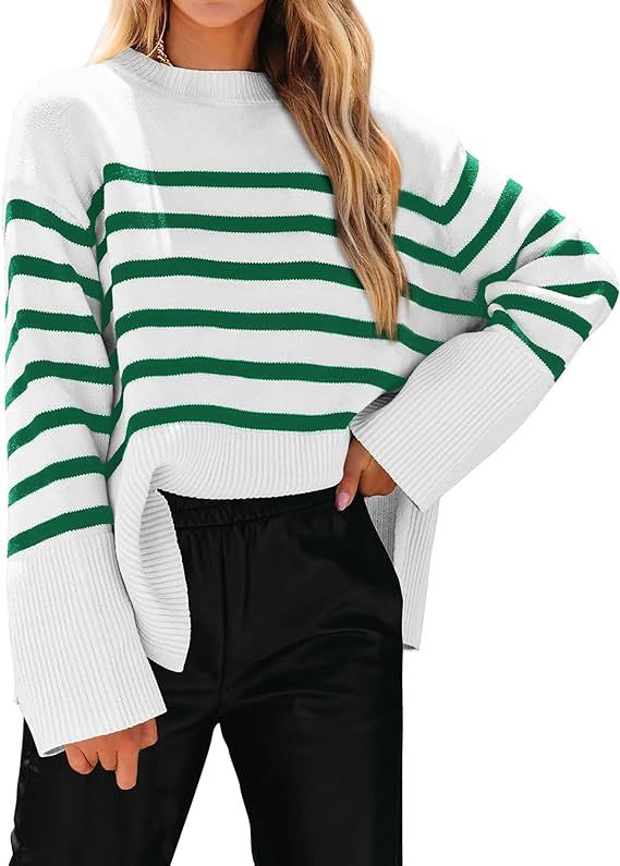 KIRUNDO Women's 2024 Fall Winter Casual Oversized Long Sleeve Striped Sweater Crew Neck Ribbed Kn... | Amazon (US)