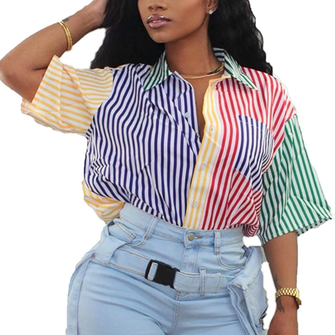 PESION Women's Oversized T Shirt V Neck Short Sleeve Button Down Shirts Colorful Striped Blouses Top | Amazon (US)