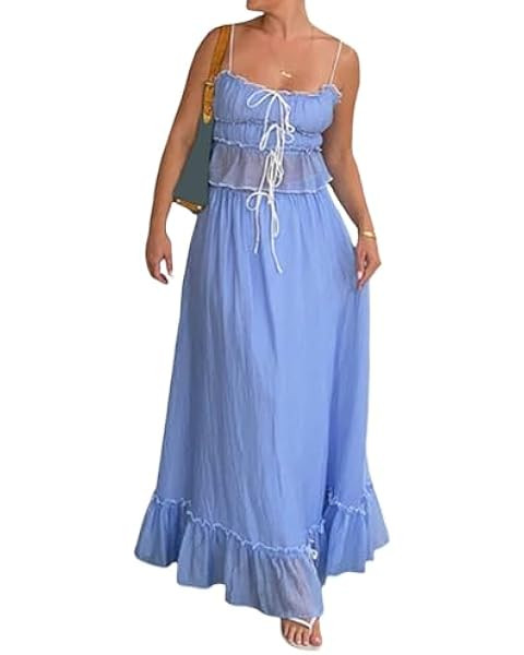 Women Y2k 2 Piece Outfits Patchwork Front Tie-Up Camisoles and Ruched Ruffle Maxi Skirt Matching ... | Amazon (US)