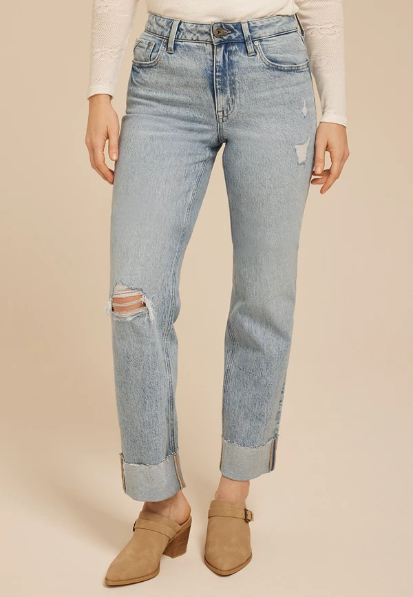edgely™ High Rise Raw Cuff Hem Relaxed Straight Jean | Maurices