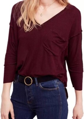 We The Free People Size Small Golden Gate Tee Burgundy V-Neck 3/4 Sleeve Top  | eBay | eBay US