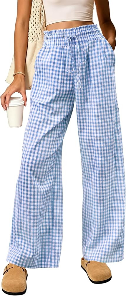 Cotton Gingham Striped Pants Women High Waisted Ruffle Wide Leg Lounge Pajama Trousers with Pocke... | Amazon (US)
