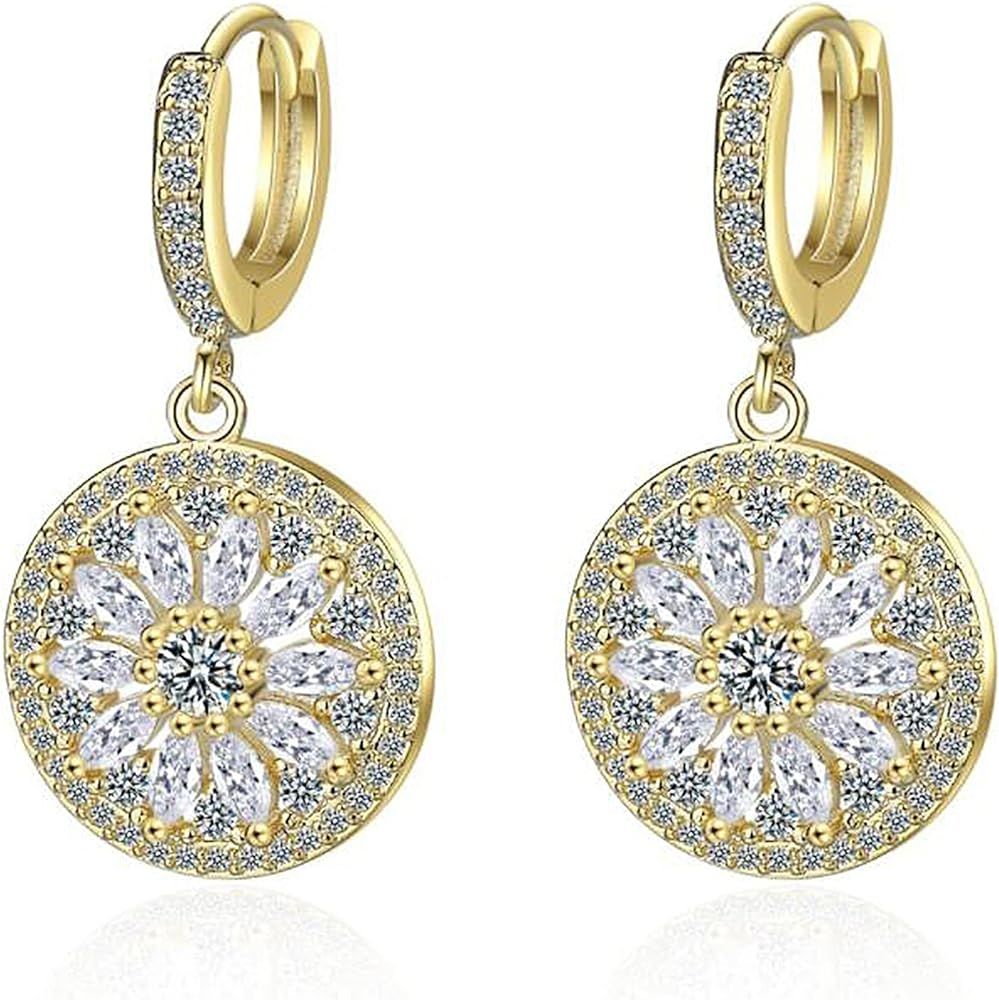 Silver/Gold Cubic Zirconia Round Flower Dangle Earrings For Women Wedding Dainty CZ Drop Hoop Ear... | Amazon (US)
