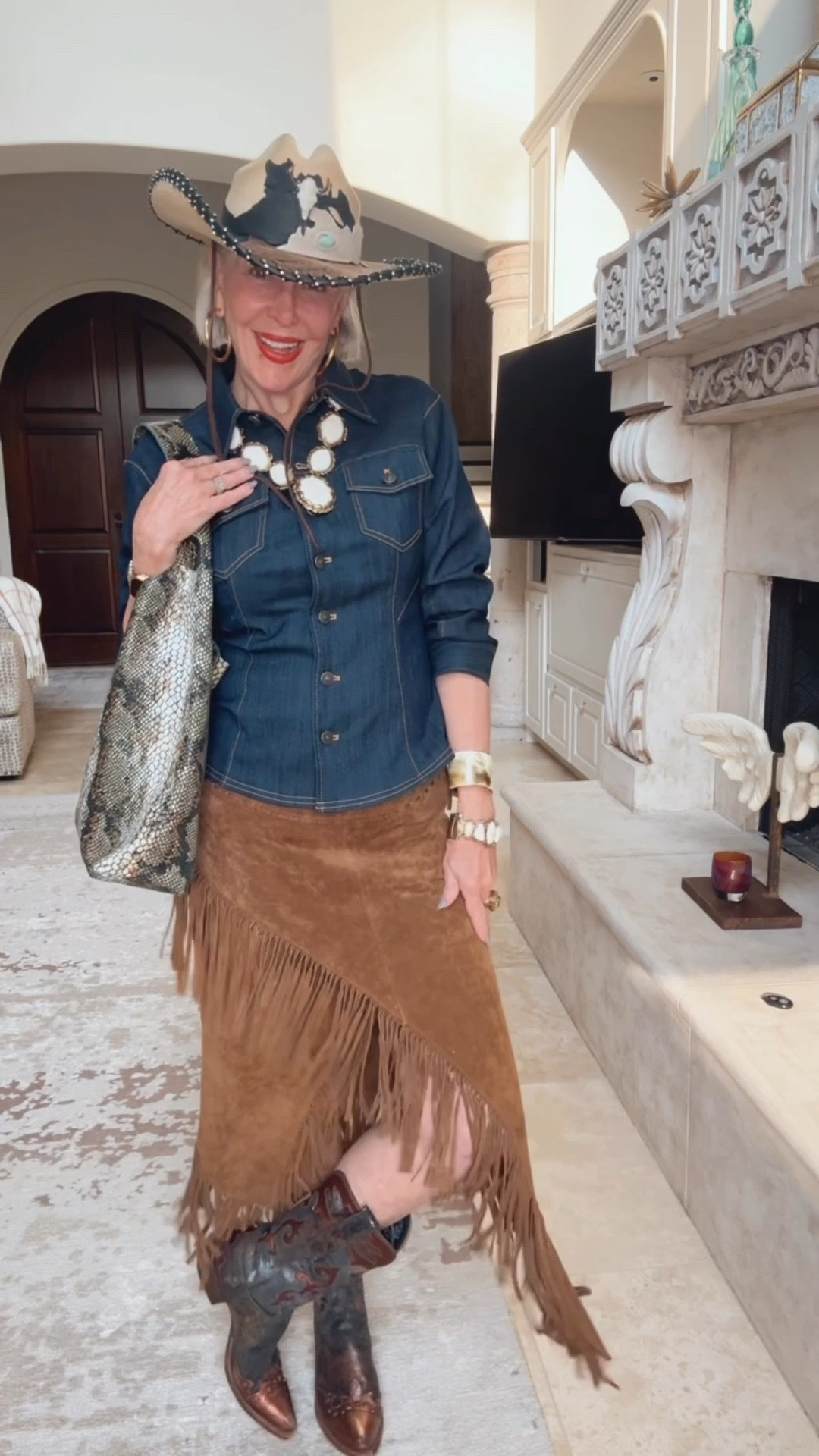 Suede faux wrap fringe midi skirt also in black. Denim shirt jacket by Cinq á Sept
Bag by Latico
Lucchese boots forever. Classic, styl and comfort. 

#LTKOver40 #LTKItBag #LTKStyleTip