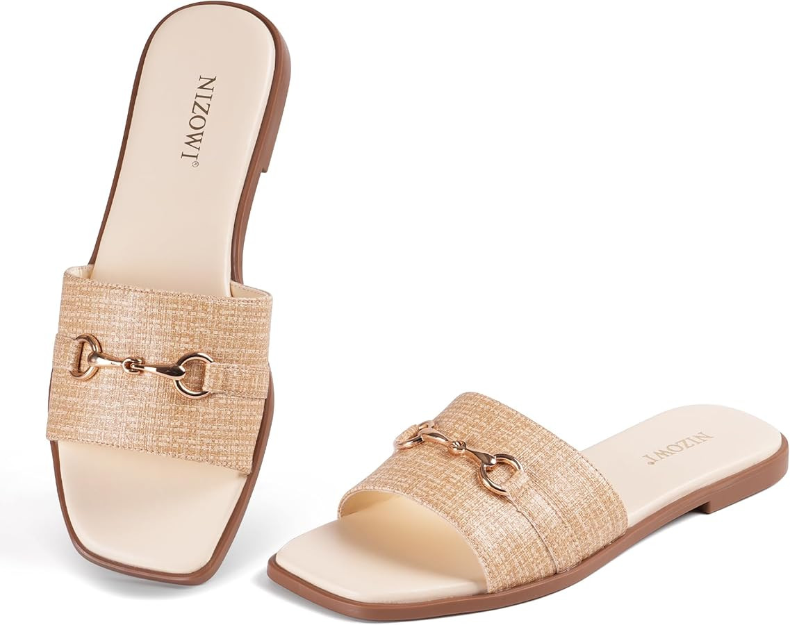 Women's Flat Sandals Dressy Elegant Square Toe Slip On Soft Comfortable Leather Summer Slide Sand... | Amazon (US)