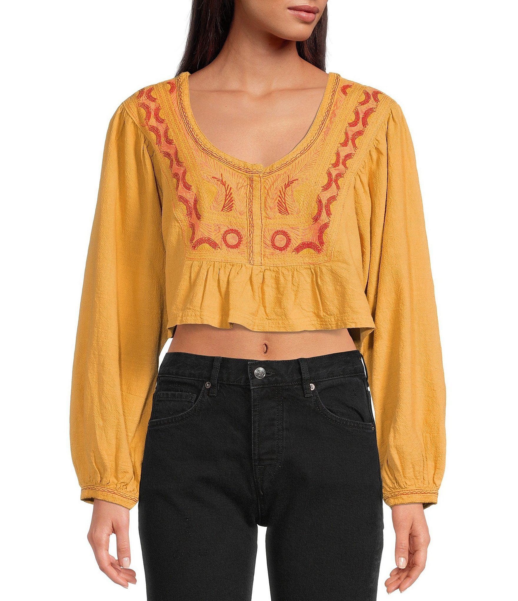 Iggie Embroidered Scoop Neck Long Balloon Sleeve Cropped Top | Dillard's