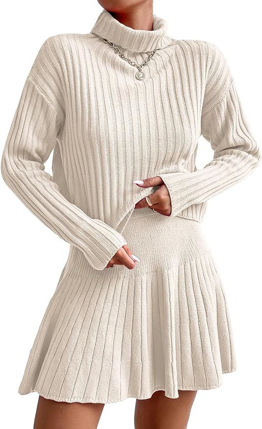 QWINEE Women's 2 Piece Long Sleeve Turtleneck Drop Shoulder Ribbed Knit Sweater and Skirt Sets | Amazon (US)