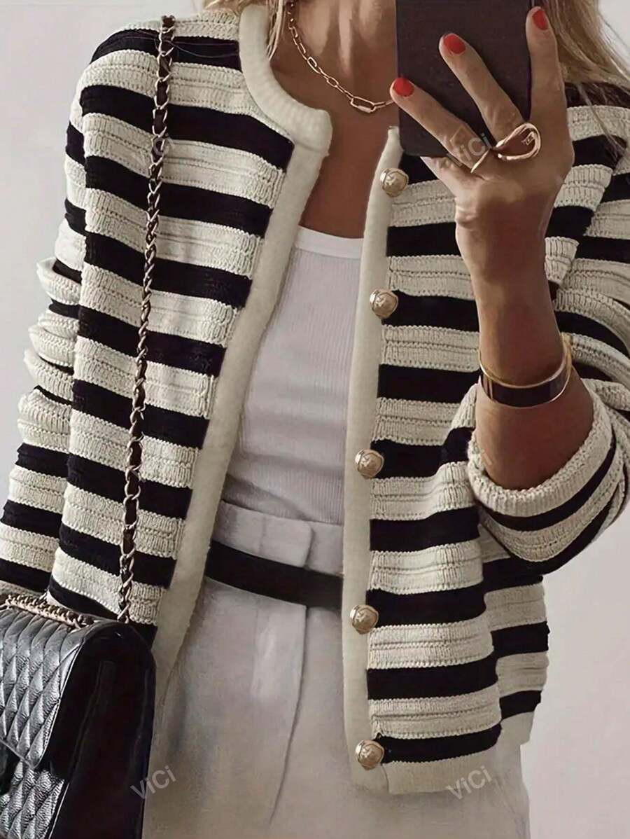 New Arrival Women's Elegant Contrast Color Round Neck Long Sleeve Black & White Button Knitted Ca... | SHEIN