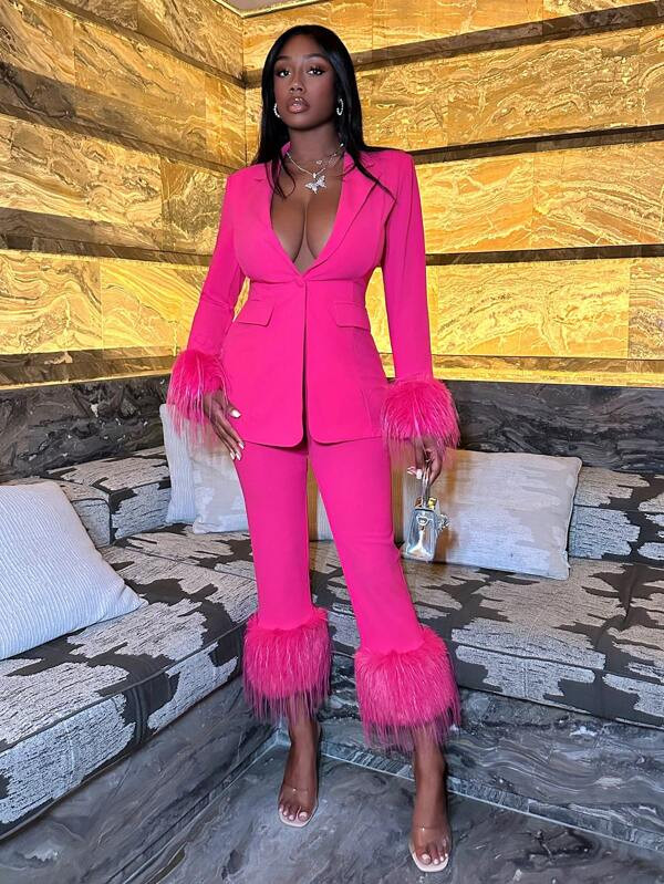 SHEIN Slayr Fuzzy Cuff Single Button Blazer & Pants | SHEIN