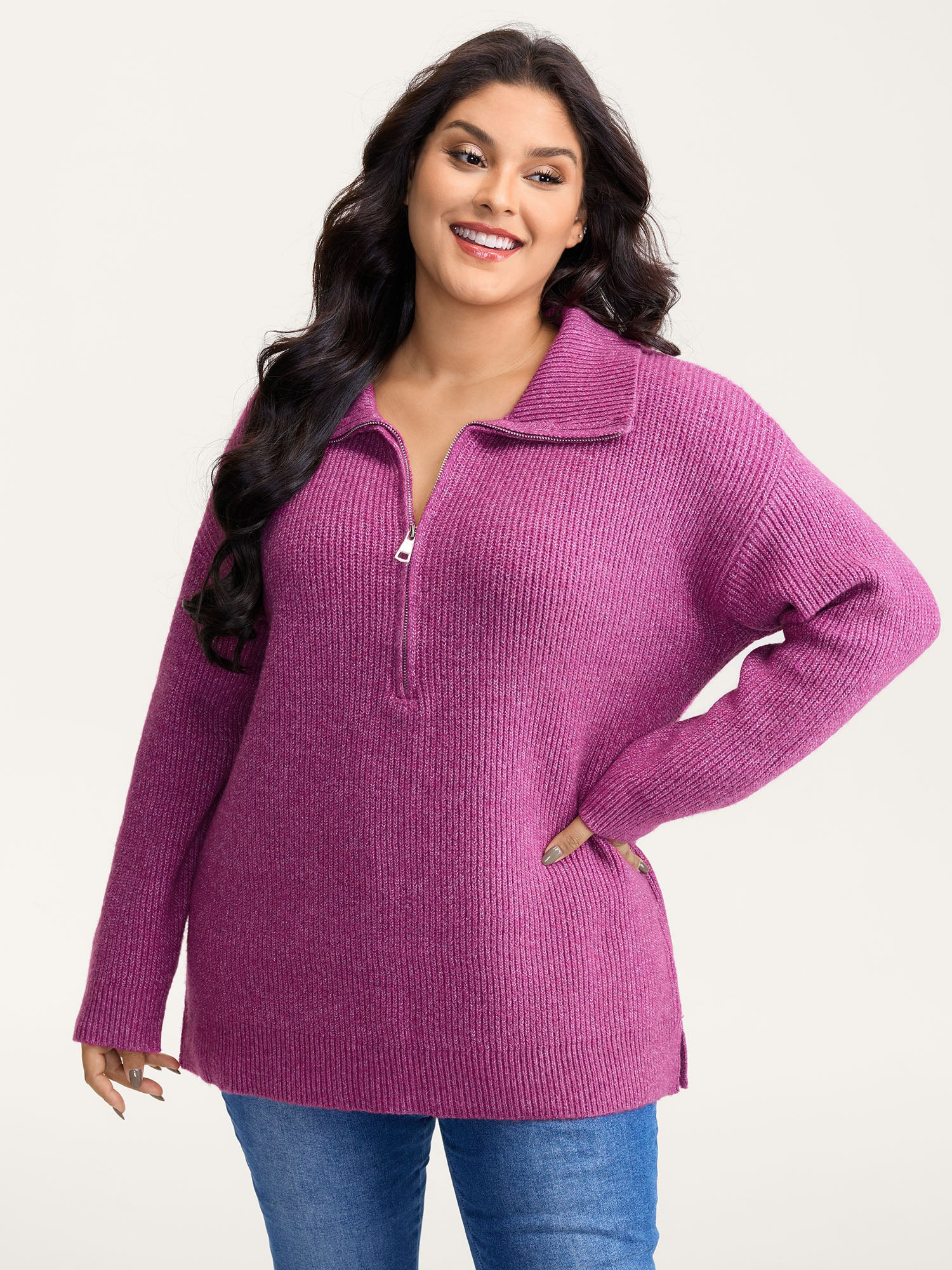 Textured Half Zipper Lapel Collar Pullover | Bloomchic