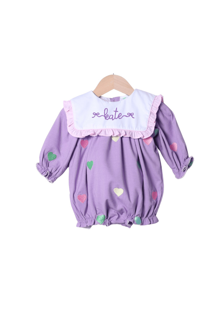 Embroidered Hearts Lavender Linen Ruffle Bubble | The Smocked Flamingo