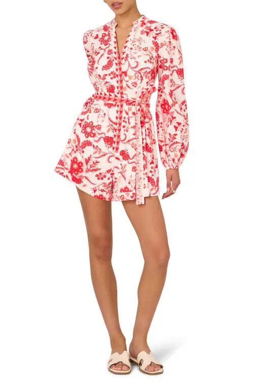 Adrianna Papell Floral Long Sleeve Cotton Romper in White/coral Multi at Nordstrom, Size 16 | Nordstrom
