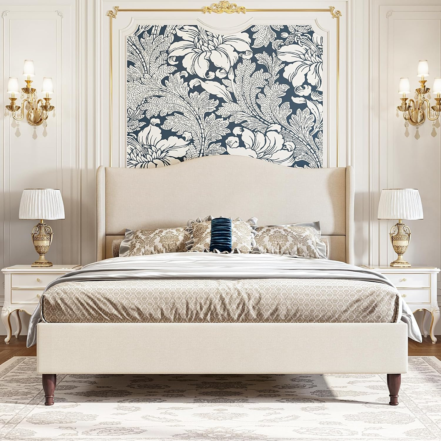 Queen Size Bed Frame Upholstered Platform Bed with 51" Tall Headboard Wingback, Soft Fabric, Retr... | Amazon (US)