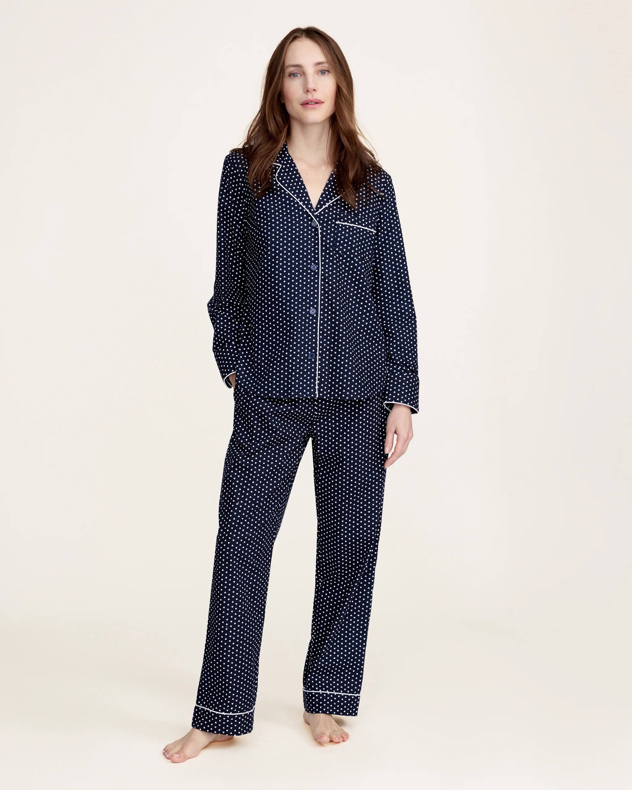 Women's Twill Pajama Set in Midnight Hearts | Petite Plume