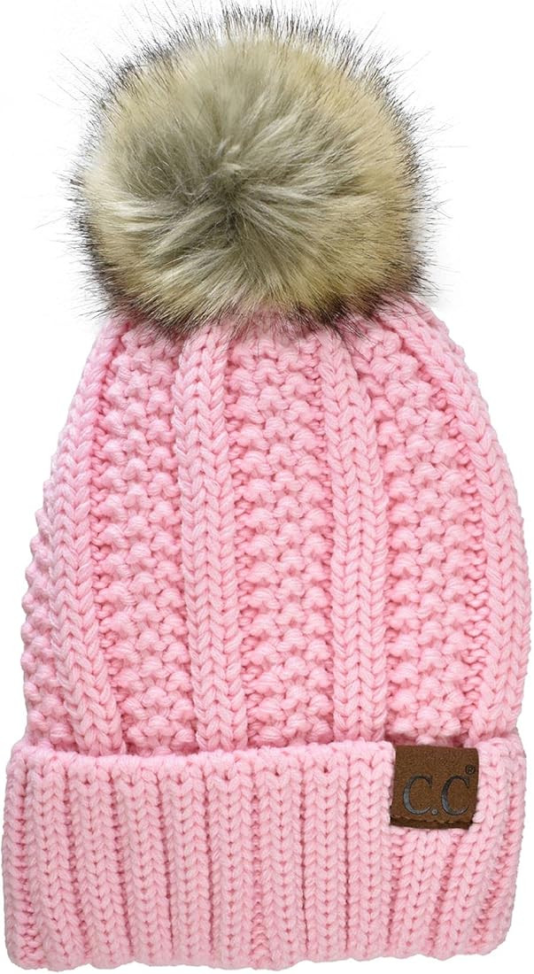 C.C Thick Cable Knit Faux Fuzzy Fur Pom Fleece Lined Skull Cap Cuff Beanie | Amazon (US)