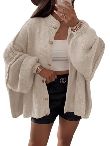 Saodimallsu Womens Oversized Cardigans Long Lantern Sleeve Button Down Chunky Knit Loose Fall Sweater Coats Khaki | Amazon (US)