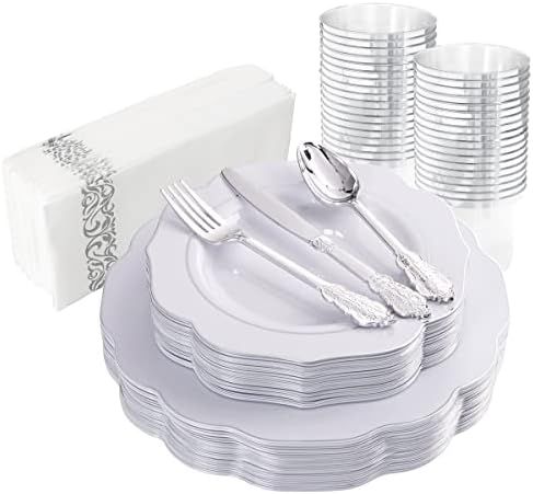 NOCCUR 175pcs Silver Plastic Plates with Disposable cutlery and Cups - Silver Rim Plastic Tableware  | Amazon (US)