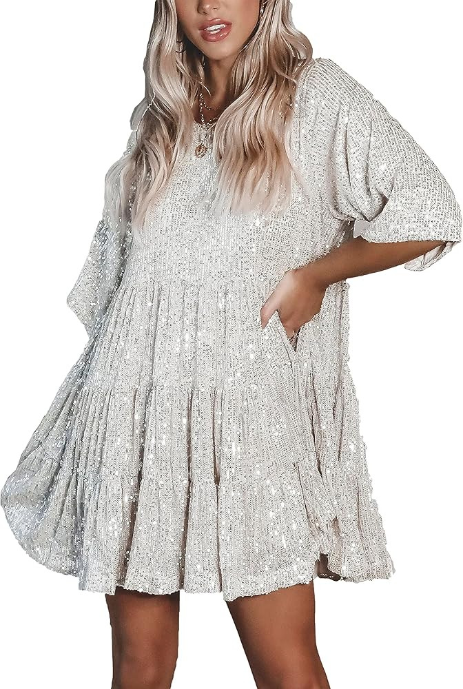 HYLLGUD Women Sequin Dress Sparkly Giltter Round Neck Short Sleeve A-Line Loose Swing Tunic Dress... | Amazon (US)