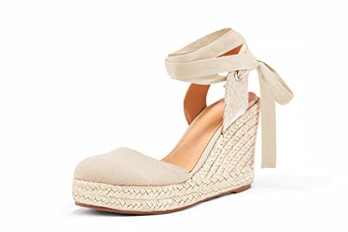 Nailyhome Women's Espadrille Wedge Closed Toe Platform Lace Up Ankle Wrap Summer Sandals | Amazon (US)