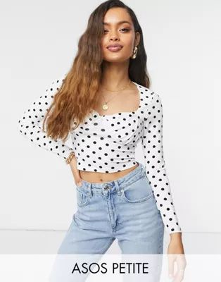 ASOS DESIGN Petite sweetheart top with ruched bust with long sleeve in polkadot | ASOS (Global)