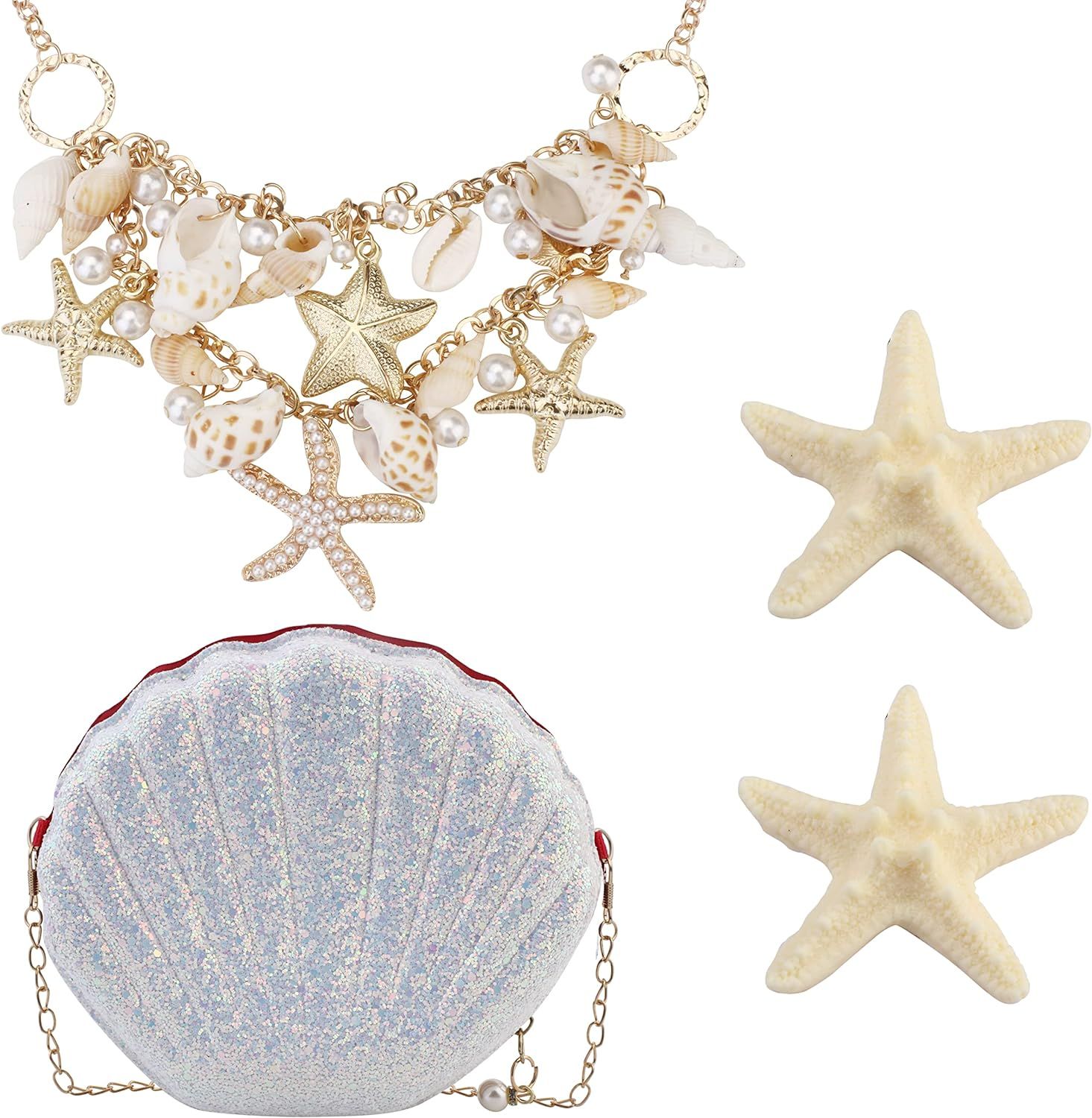 Sanfenly Mermaid Costume Accessories for Women Starfish Seashell Faux Pearl Collar Bib Statement ... | Amazon (US)