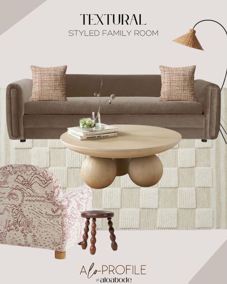 Styled Textural Room // family room, neutral family room, neutral sofa, earthy tones, wood coffee table, check area rug, patterned accent chair, wood side table, tweed euro pillows, rattan floor lamp, white oak coffee table, round coffee table, moody living room, modern furniture, affordable furniture

#LTKhome