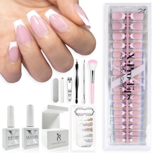 SXC Cosmetics French Tip Press On Nails Pink Series, Small Coffin X-Pro Tips Starter Kit | Amazon (US)