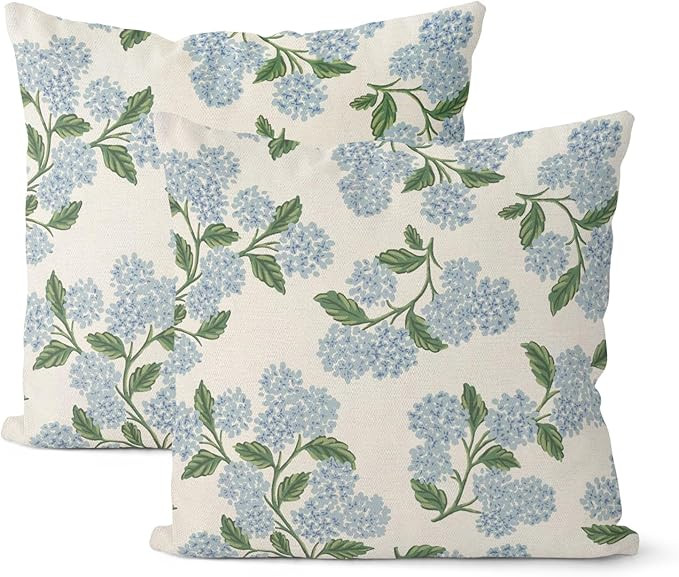 Spring Pillow Covers 18x18 Inch 2 Pcs Blue Green Hydrangea Flower Decor Throw Pillows Vintage Flo... | Amazon (US)