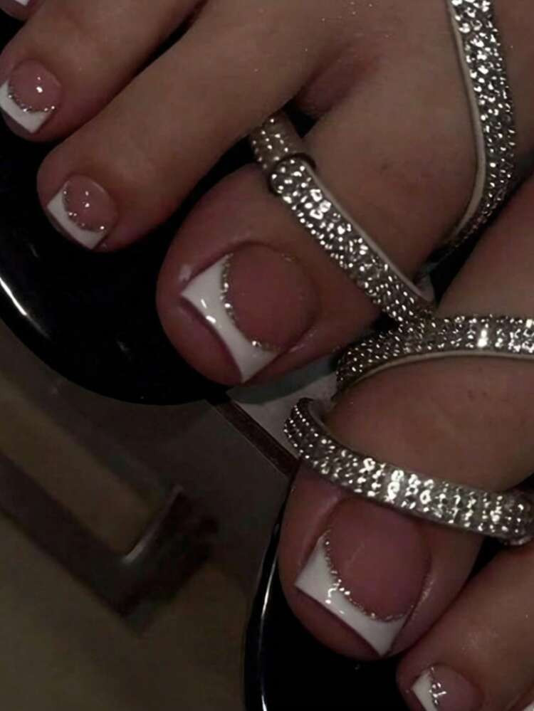 24pcs French White Press-On Toenails, Silver Glitter Pearl Toenails, Simple Short Square Toenail ... | SHEIN