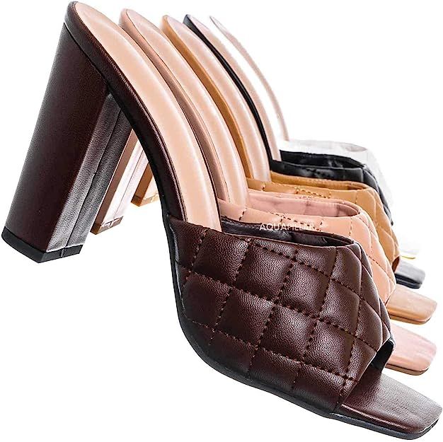 Quilted Block Heel Mule - Women's Slide in Open Square Toe Shoes | Amazon (US)