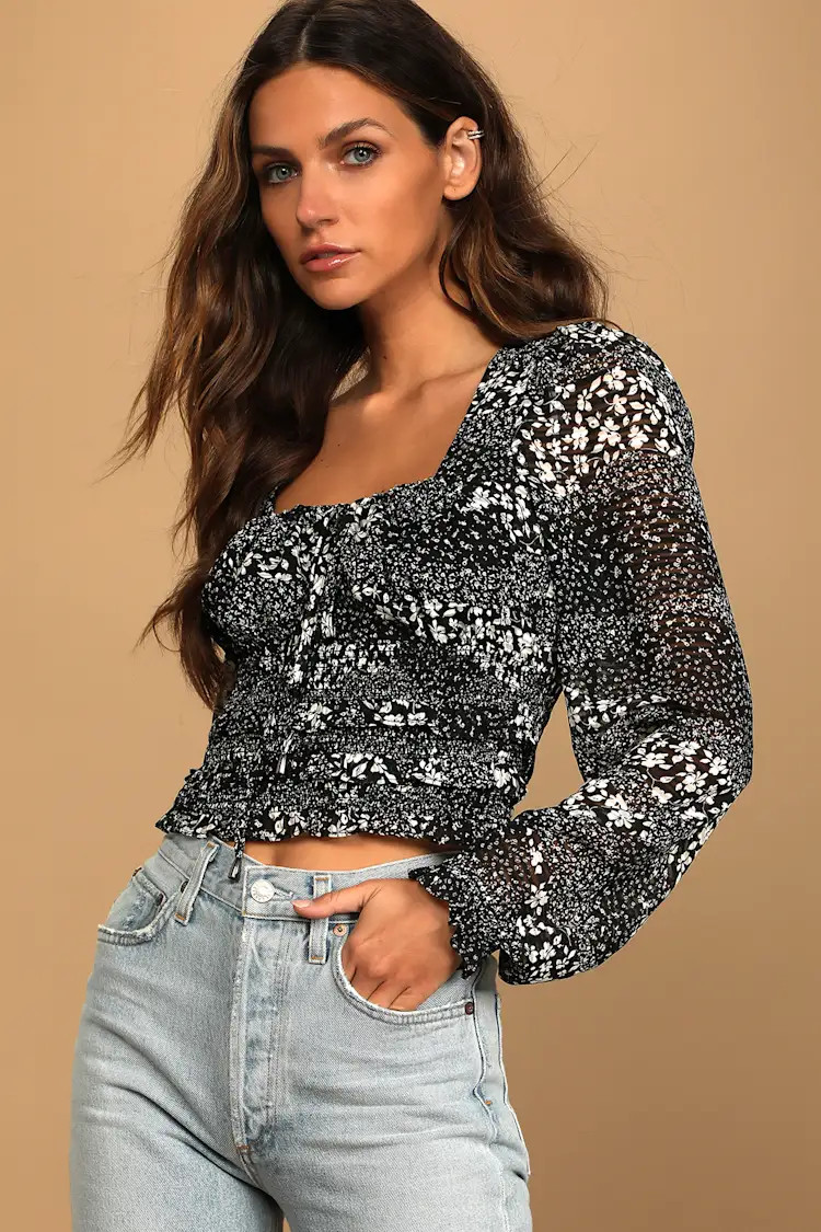 Lovely Wishes Black Floral Print Long Sleeve Crop Top | Lulus (US)