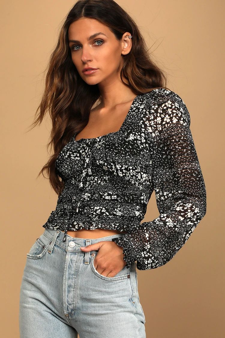 Lovely Wishes Black Floral Print Long Sleeve Crop Top | Lulus (US)