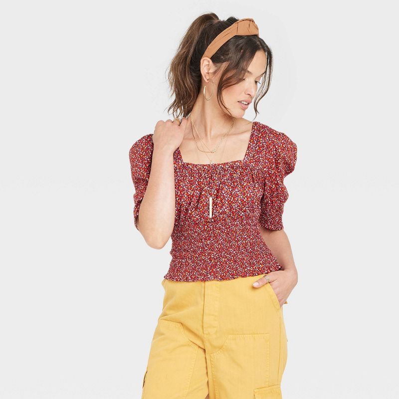 Women&#39;s Puff Elbow Sleeve Smocked Fitted Blouse - Universal Thread&#8482; Burgundy Floral XS | Target