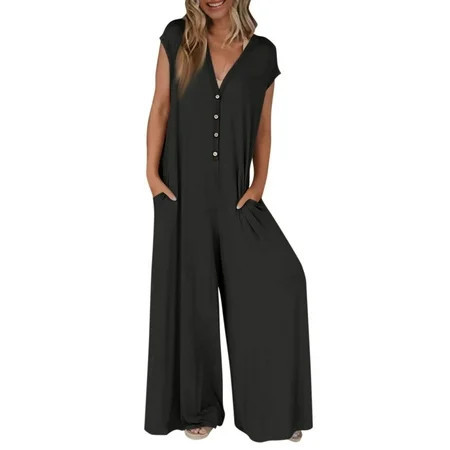 EHTMSAK Summer Jumpsuits for Women 2024 Henley Wide Leg Pants Button Rompers Deep V Neck Sleeveless Cap Sleeve Jumpsuits Loose Casual Outfits Overalls with Pockets 2XL | Walmart (US)