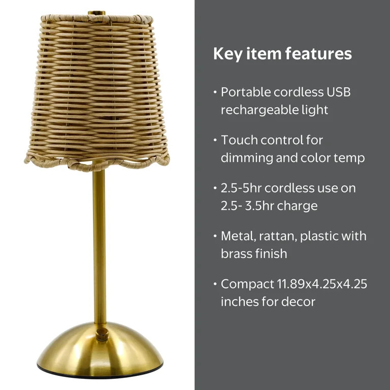 Home Decor Collection Sterling & Noble Home Cordless Indoor Rattan and Gold Colored Table Lamp wi... | Walmart (US)