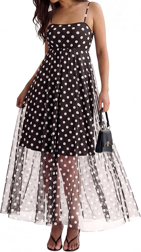 Glamaker Womens Summer Polka Dot Maxi Dress Spaghetti Strap Smocked Floral Mesh Long Flowy Boho B... | Amazon (US)
