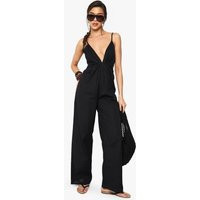 Womens Linen Look Strappy Cut Out Jumpsuit - Black - 14, Black | Boohoo.com (UK & IE)