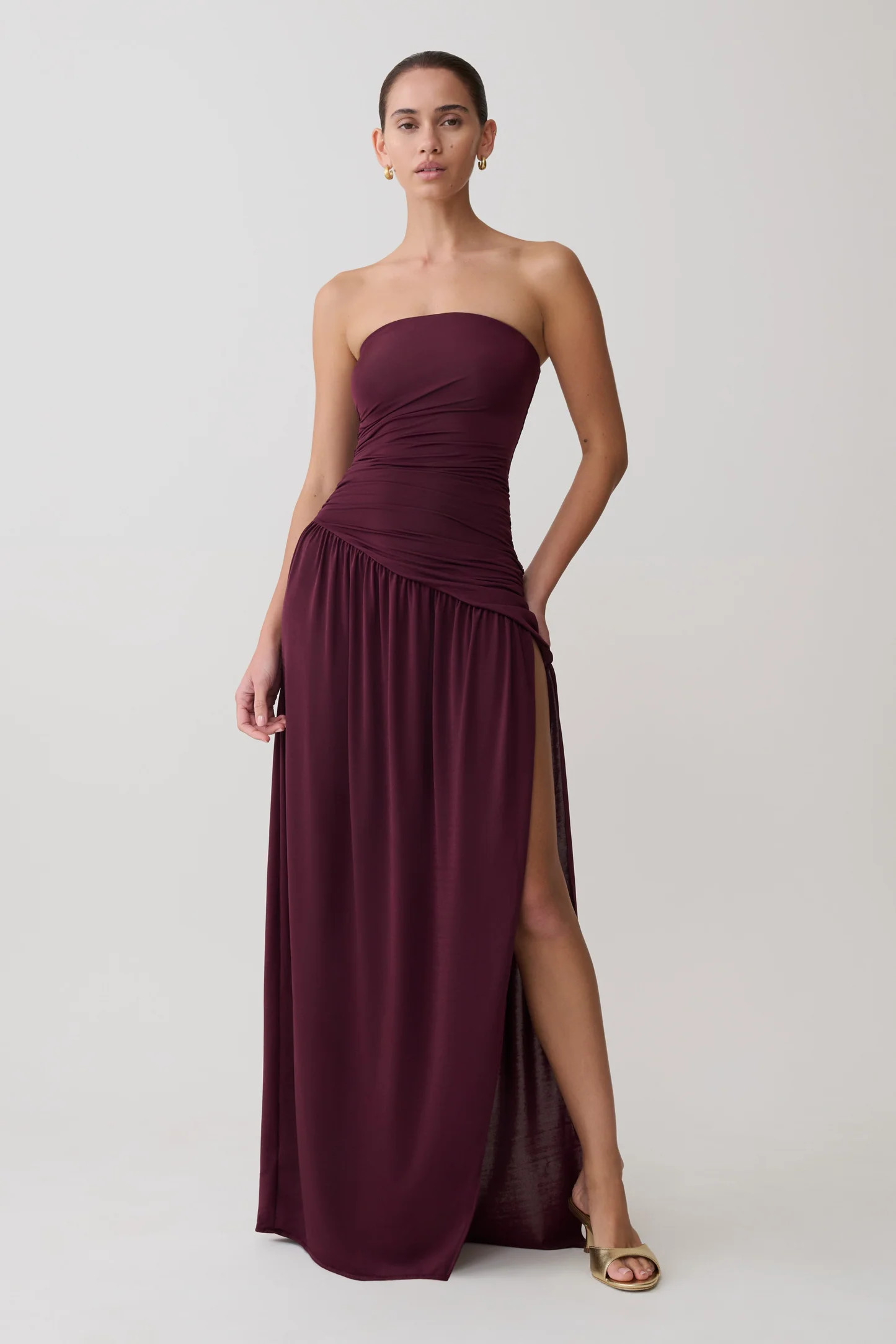 Bex Strapless Slinky Maxi Dress With Split - Burgundy | Meshki UK